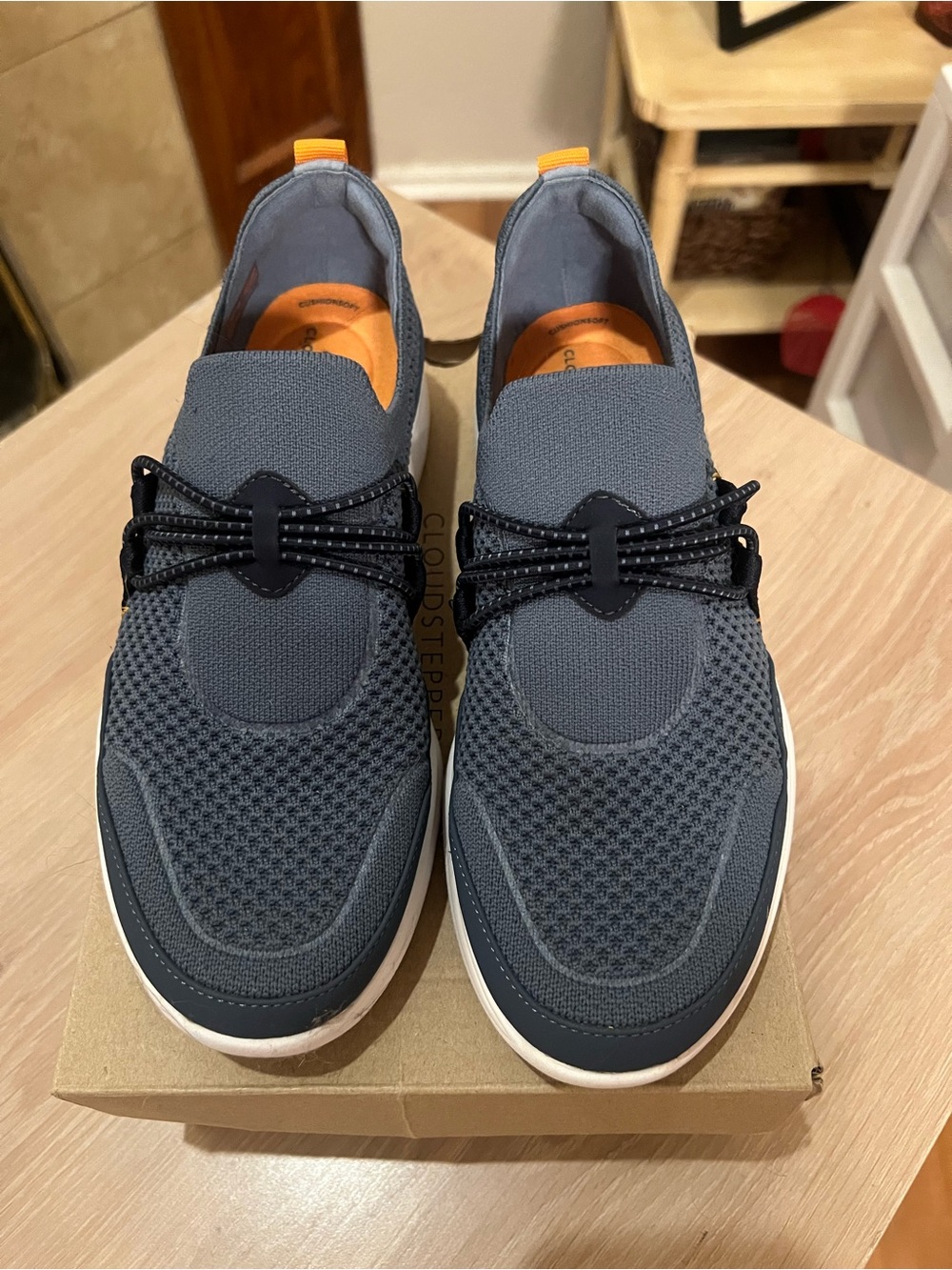 Clarks Women's blue/gray Knit Slip-On Sneakers with Orange Heel Tabs